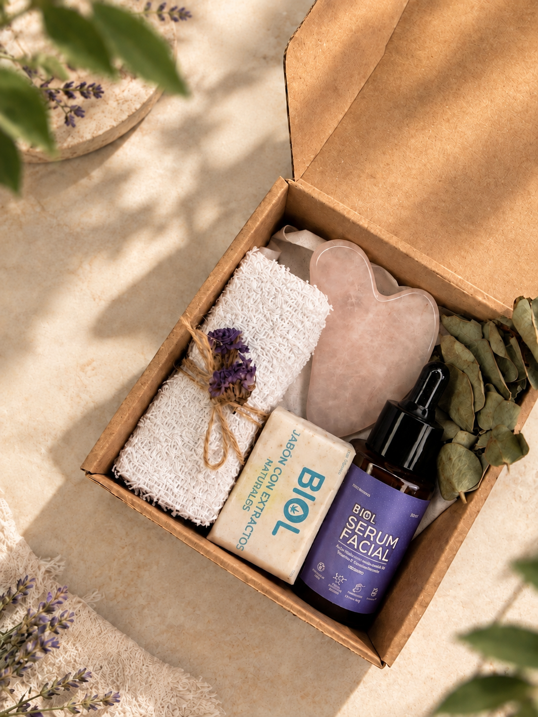 Kit Amor Propio BIOL: sérum facial, gua sha, jabón y toalla facial en caja decorativa